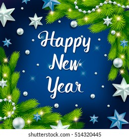 Happy new year lettering text greetings on festive green background with balls, stars, beads, confetti, branches. Vector illustration. Xmas greeting card. Happy New Year text.
