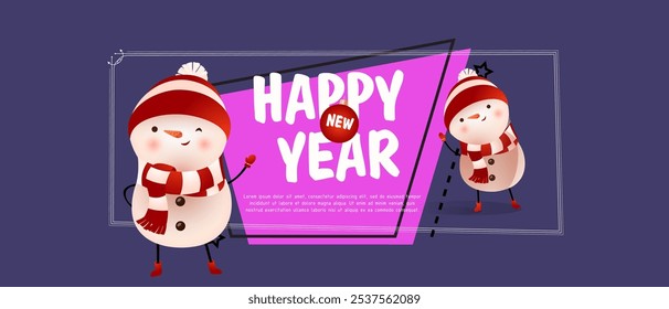 Happy New Year lettering with two snowmen. New Year Day greeting card. Handwritten text, calligraphy. For leaflets, brochures, invitations, posters or banners.