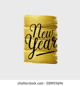 Happy New Year lettering typography. Handwriting text design with winter holidays. Creative font, minimal greeting card decoration on black background. Abstract vintage vector template