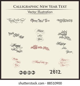 Happy new year lettering or typography by twelve styles of a writing on a simple background.