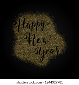 Happy New Year lettering vector template. Glittering golden texture holiday background.