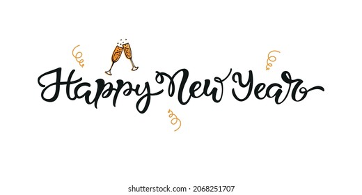 Happy New Year lettering. Vector Illustration. Lettering Christmas design  for Holiday Greeting Gift Poster card. Typography design for banner.  Tags set with typography and colorful icon
