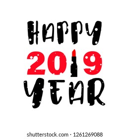Happy new year lettering. Winter 2019 trendy new year greeting poster with beautiful full lips, red lipstick. Vector illustration. Holidays festive design with snow. Beauty New Year's and Christmas