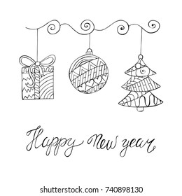 Happy New Year lettering with winter decorations. Zentangle style.