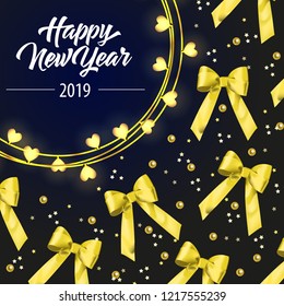 Happy New Year lettering with yellow ribbon bows. New Year Day greeting card. Handwritten and typed text, calligraphy. For leaflets, brochures, invitations, posters or banners.