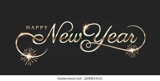 Happy New Year Letters Banner. Black greeting card with sparkling gold lettering and shining stars. Design element for holiday celebration. Realistic vector illustration isolated on dark background