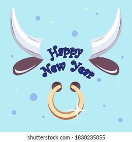 Happy new year letters between ox horns and nose ring. Design template for New Year and Christmas flyers, greeting cards, brochures, celebration typography poster. Vector illustration