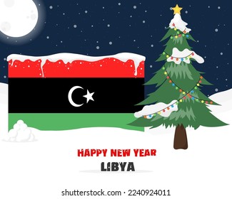 Happy new year in Libya with Christmas tree and snow, banner or content design idea, Libya flag with pine tree, new year celebration idea, sky with full moon and stars, vector design