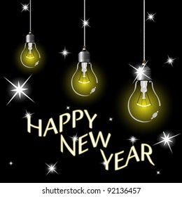happy new year light bulbs and stars, abstract vector art illustration; image contains transparency