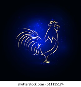 happy new year lights and glitter background. 2017 new symbol, the rooster silhouette.