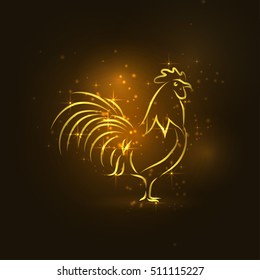 happy new year lights and glitter background. 2017 new symbol, the rooster silhouette.