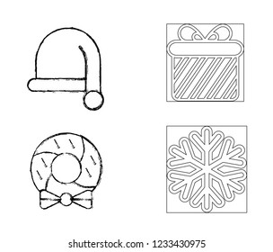 Happy New Year line icons set. Mono vector symbols, Hat icon, Calendar icon, gift icon snow icon, christmas wreath,
