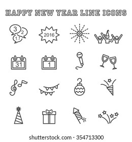 happy new year line icons, mono vector symbols