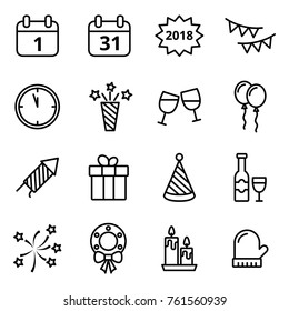 Happy New Year Line Icons Set. Mono Vector Symbols