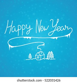 Happy New Year linear calligraphy hand drawn inscription on blue background. Elegant christmas winter steam. Simplicity art for greeting postcard or web decoration. Seamless snowflakes pattern.