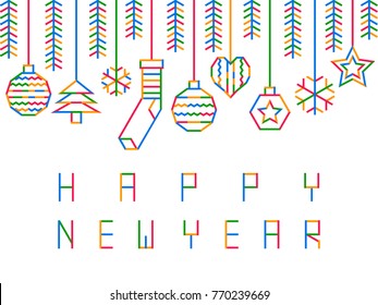 Happy New Year linear design template. Creative Christmas collage, Elegant minimal design, thin line art style. Vector Minimalistic Holiday greeting card, flyer, banner