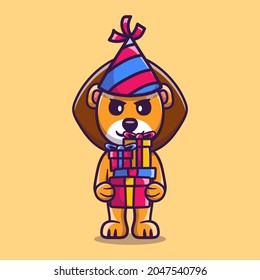 happy new year lion brings a pile of gifts, suitable for happy new year or birthday t-shirt designs and cute animal mascots