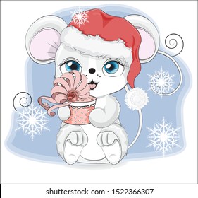 Happy new year little mouse, in Santa cap, with a gift in hands, in environment of snowflakes  Picture in hand drawing style. Mouse, rat, symbol of New year 2020. Merry Christmas, holiday card.