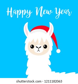 Happy New Year. Llama alpaca baby face. Santa hat. Merry Christmas. Cute cartoon funny kawaii character. T-shirt, greeting card, poster template print. Flat design. Blue background Vector illustration