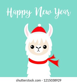 Happy New Year. Llama alpaca baby face. Santa red hat, scarf. Merry Christmas. Cute cartoon funny kawaii character. Greeting card print. Flat design. Blue background. Vector illustration
