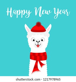 Happy New Year. Llama alpaca baby face neck. Santa Claus red hat, scarf. Cute cartoon funny kawaii character. Merry Christmas. Greeting card print. Flat design. Blue background. Vector illustration