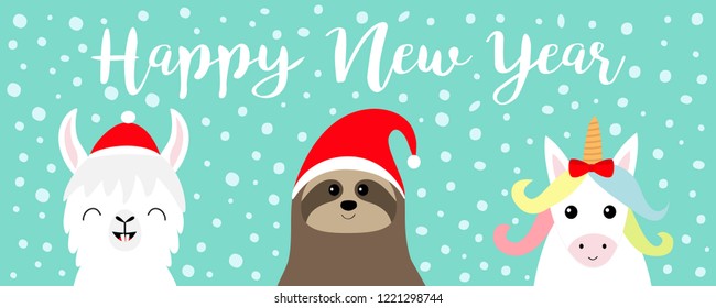 Happy New Year. Llama alpaca, sloth face set. Red Santa hat. Snow flake. Merry Christmas. Cute cartoon funny kawaii character. Greeting card, poster, banner print. Flat design. Blue background. Vector