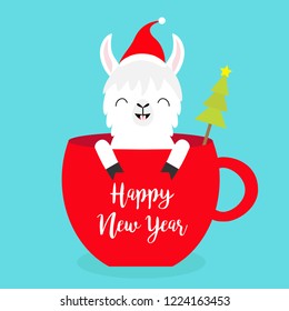 Happy New Year. Llama alpaca sitting in red coffee cup teacup. Fir tree. Santa hat. Face and hands. Merry Christmas. Cute cartoon character. Hello winter. Blue background. Flat design. Vector