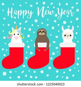 Happy New Year. Llama alpaca, sloth, unicorn in red sock. Snow flake. Merry Christmas. Cute cartoon funny kawaii character. T-shirt, greeting card, poster print. Flat design. Blue background. Vector