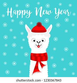 Happy New Year. Llama alpaca baby face neck. Santa Claus red hat, scarf. Cute cartoon funny kawaii character. Merry Christmas. Greeting card print. Flat design. Blue snow flake background. Vector