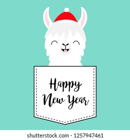 Happy New Year. Llama alpaca sitting in the pocket. Santa Claus hat. Face with tooth. Cute cartoon character. Hello winter. Merry Christmas. Blue background. Flat design. Vector illustration