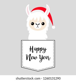 Happy New Year. Llama alpaca sitting in the pocket. Santa Claus hat. Face and hands. Cute cartoon character. Hello winter. Merry Christmas. Gray background. Flat design. Vector illustration