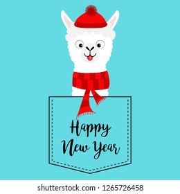 Happy New Year. Llama alpaca sitting in the pocket. Red hat, scarf. Face with tongue. Cute cartoon character. Hello winter. Merry Christmas. Blue background. Flat design. Vector illustration