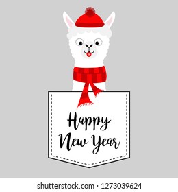 Happy New Year. Llama alpaca face head in the pocket. Red hat, scarf. Cute cartoon animals. Dash line. Kawaii character. White and black color. T-shirt design. Baby gray background. Flat design Vector