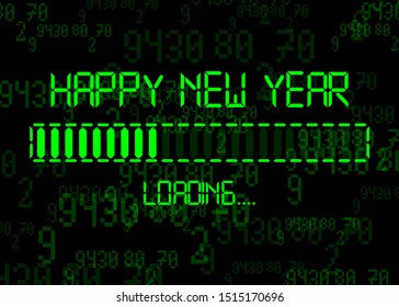Happy new year with loading icon in flat green led neon digital time style. Display progress bar almost reaching new year's eve 2025. Isolated on Abstract Binary Computer Code Technology Background