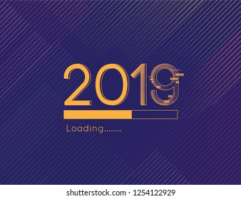 Happy new year loading progress soon 2019 vector illustration with distract font and gold dark background element
