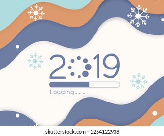 Happy new year loading progress soon 2019 vector illustration with abstract soft color wave paper cut bar and snow drop background element