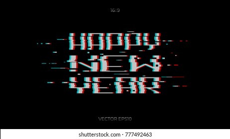 Happy New Year logo with a glitch video effect. Geometric letters are spectrally disassembled into digital elements. Text with a pixel offset and wavy distortion isolated on a black screen of 16:9.