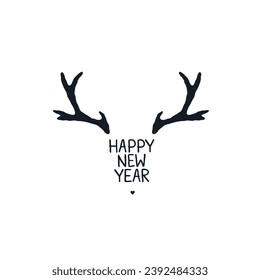 Happy New Year logo icon sign Hand drawn ink lettering Deer head decorative concept Cute design Cartoon children's style Fashion print clothes apparel greeting invitation card flyer poster banner ad