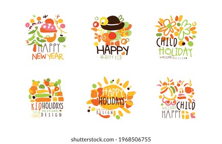 Happy New Year Logo Original Design Set, Happy Child Holiday Colorful Hand Drawn Badges Vector Illustration