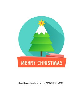 Happy new year logo template, flat icon with Christmas tree and red ribbon. Vector colorful illustration in flat design style isolated on white