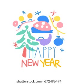 Happy New Year logo template colorful hand drawn vector Illustration