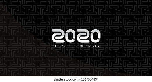 Happy New Year logo text design. Cover of business diary for 2020 with geometric pattern on black background. Brochure design template, card, banner. Vector illustration vol 24.