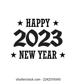Happy New Year logo text design. 2023 number design template. Collection of 2023 Happy New Year symbols. Vector illustration with black labels isolated on white background
