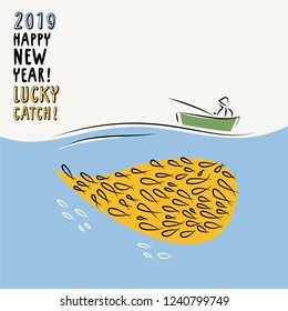 Happy new year and lucky catch. Greeting card holiday template with fisher and whale. Simple vector illustration.