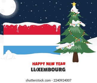 Happy new year in Luxembourg with Christmas tree and snow, banner or content design idea, Luxembourg flag with pine tree, new year celebration idea, sky with full moon and stars, vector design