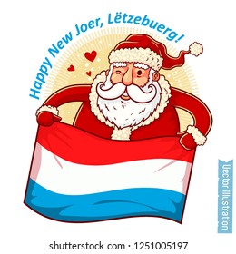 Happy New Year Luxembourg - Santa Claus with Luxembourg flag in hands. Santa holds Luxembourg flag. Greeting sticker, tshirt print with slogan, xmas design. Isolated layered vector illustration