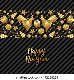  Happy New Year luxury gold gold pattern on black background with rooster, balls, noel, star and holiday elements in geometric style. Greeting card, invitation, flyer.