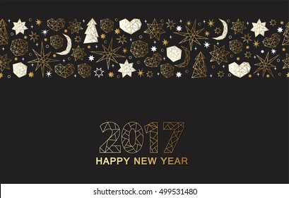 Happy New Year luxury gold seamless pattern on black background with stars, balls, noel, heart and holiday elements in trendy geometric style. Greeting card, invitation, flyer.