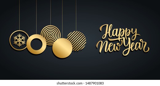 Happy New Year luxury holiday banner with gold handwritten new year greetings and gold colored christmas balls. Vector illustration.