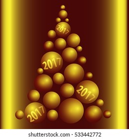 Happy new year luxury vector  illustration. tree of gold balls on chocolate isolated background. Congratulations greeting card to 2017 New Year . 
